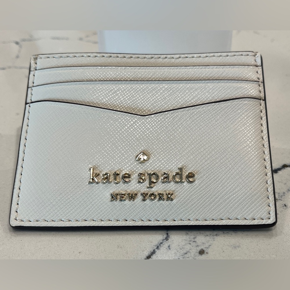 Kate Spade Card Holder Saff Leather 2Sided/top pouch Taupe w/Gold logo Like New